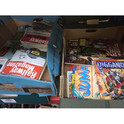 406 - 2 boxes of railway magazines and a box of misc books, Spiderman, books on cameras, etc.