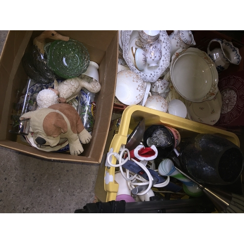 409 - A crate and 2 boxes containing part Minton coffee set, plates, china, ceramics, ornaments, glassware... 