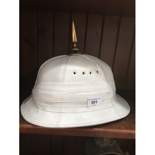 501 - White canvas helmet with brass finial