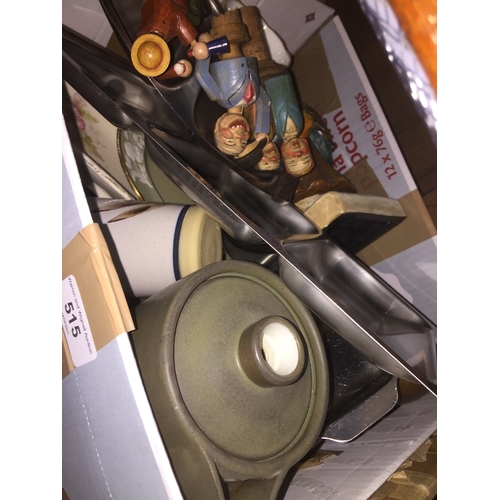 515 - Box of pottery, stainless steel etc.