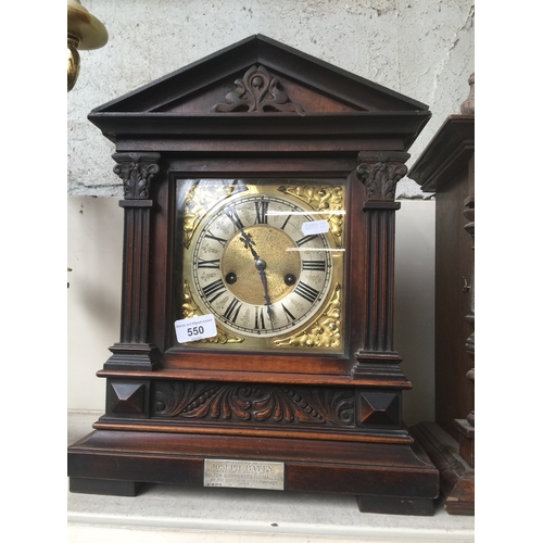 550 - A large brass dial bracket clock with hallmarked silver plaque - 'Presented to Joseph Batey by the p... 