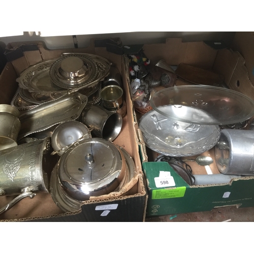 598 - A box of mixed  metalware/plated ware and another mixed box of metalware, etc.