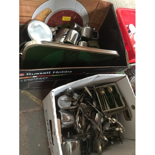 606 - Two boxes of various metalware, epns, cutlery, etc.