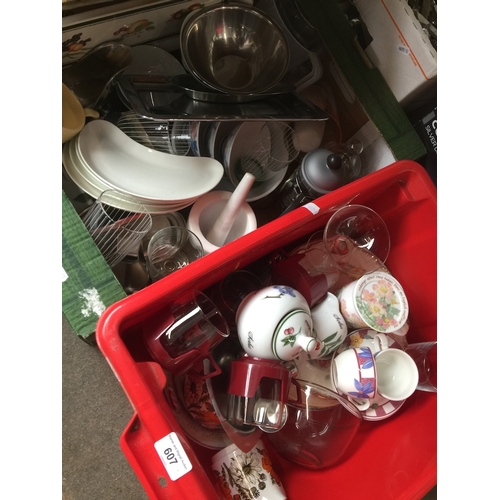 607 - Two boxes of ceramics and glass etc.