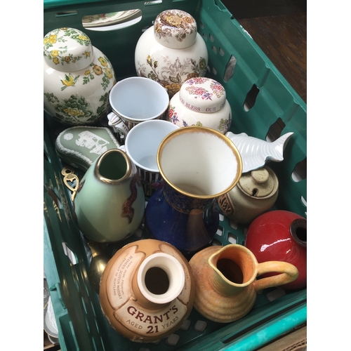 611 - Box of pottery inc. three Masons ginger jars and a Royal Doulton Grants whisky bottle