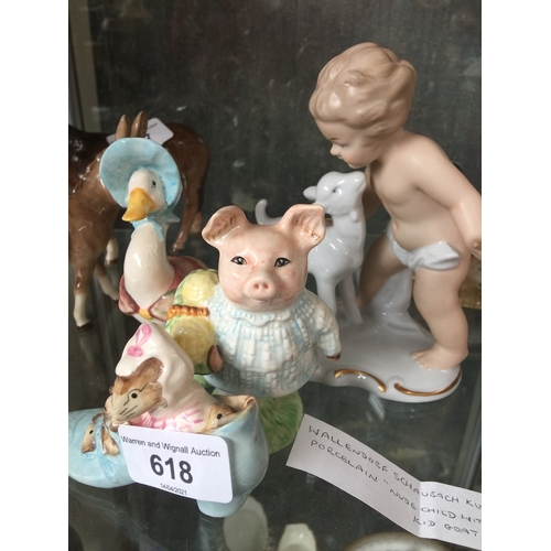 618 - Wallendorf porcealin figure and three Royal Albert Beatrix Potter animals