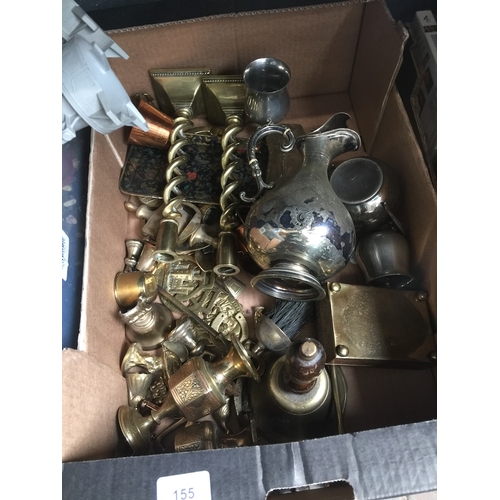 153 - Three boxes of brass, other metalware and glassware.