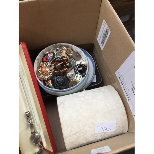 419 - Two embroidered jewellery boxes and contents, a domed box and contents and a red cased watch