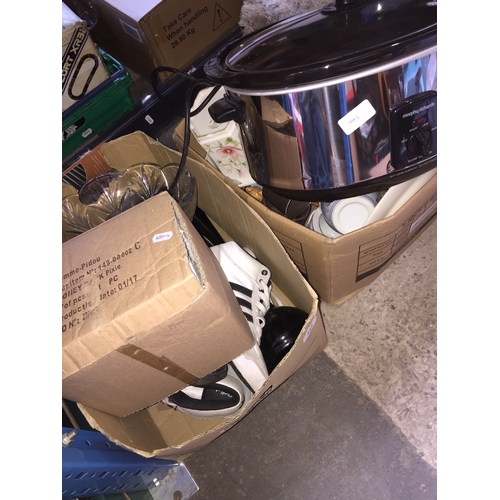 442 - Two boxes of mixed items including ceramics, shoes inc Doc Martins, piggy bank, slow cooker, black r... 