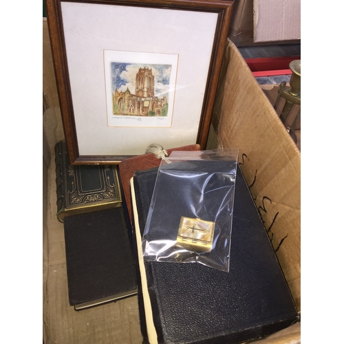 452 - A box with seven bibles and a small engraving with coloured wash after 'Poggio' - Liverpool Cathedra... 