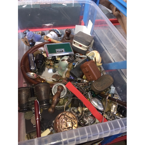 455 - A crate of mixed collectables including coins, opera glasses, etc.