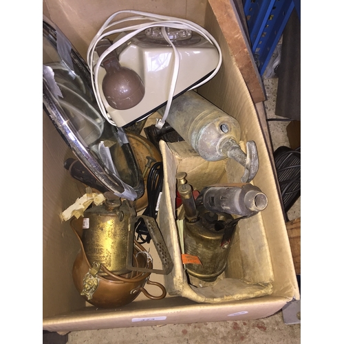 473 - A box of blow lamps and copper etc