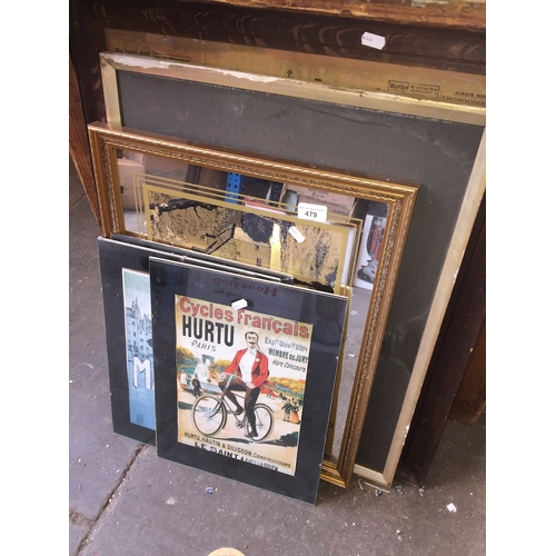 479 - A group of 3 framed French advertising pictures, an etched mirror, old photograph and a framed antiq... 