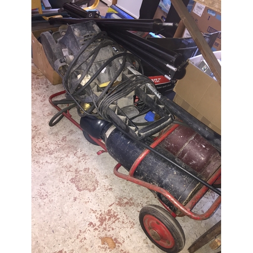 497 - 3 boxes and a toolbox of tools, a power washer and welding equipment