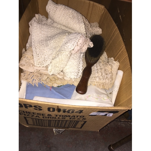 76 - A box of crochetware and linen.