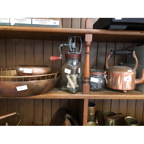 58 - Copper kettle, Kilner jar, butter churn, copper bowl and copper pedestal bowl
