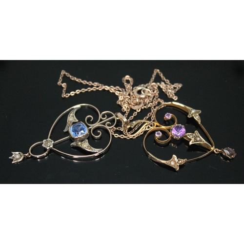 290 - Two Edwardian pendants, one set with amethyst and seed pearls and marked '9ct', the other unmarked a... 