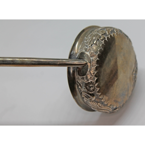 402 - A Scottish George III silver ladle with twist horn handle and embossed bowl, Andrew Wilkie, Edinburg... 