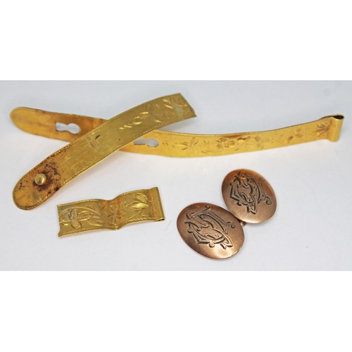 451 - An Egyptian gold bangle (broken) together with a single hallmarked 9ct gold cufflink, gross weight 1... 