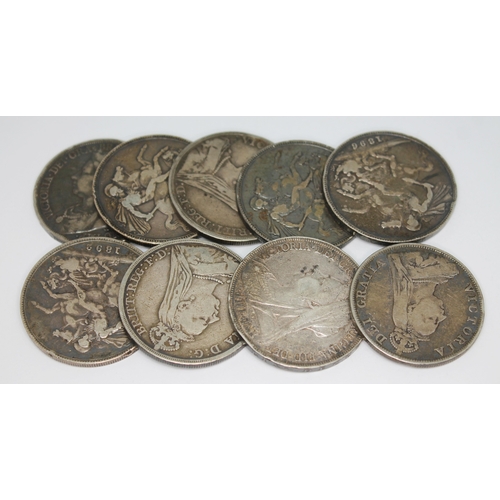 466 - A group of eight Victoria crowns and a double florin, various dates.