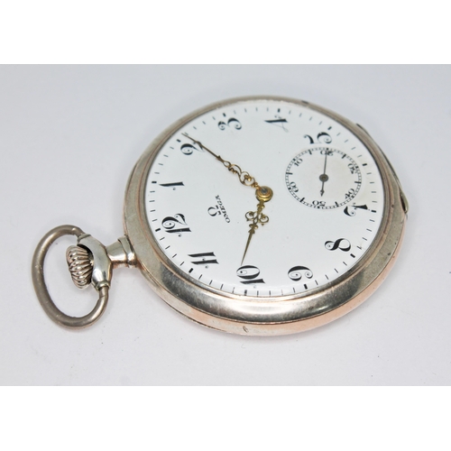 82 - A 1920s Omega silver cased open face pocket watch, the signed white enamel dial having ornate Arabic... 