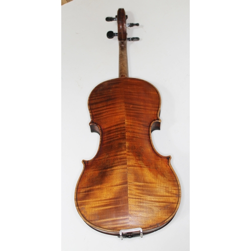 580 - A 19th century violin, two piece back length 360mm, bearing stradivarius label, with case and two bo... 