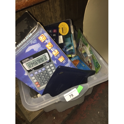 A box of misc office items to include calculators, digital voice