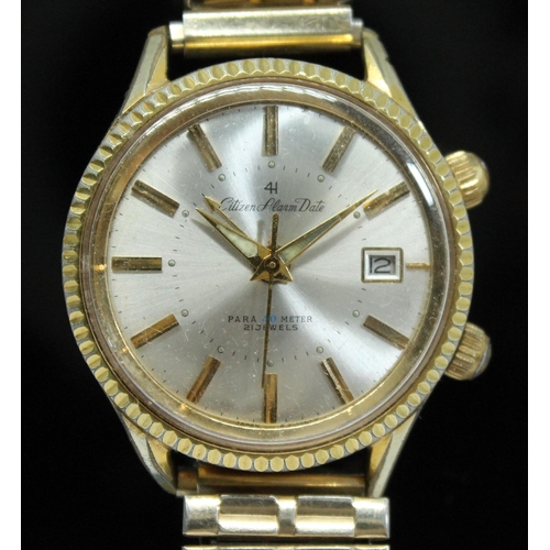 104 - A vintage 1960s gold plated Citizen Alarm Date '41' Para 40M wriswtatch, signed silvered dial with d... 