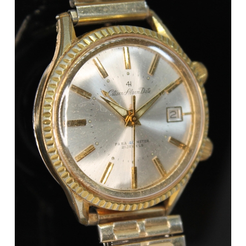 104 - A vintage 1960s gold plated Citizen Alarm Date '41' Para 40M wriswtatch, signed silvered dial with d... 