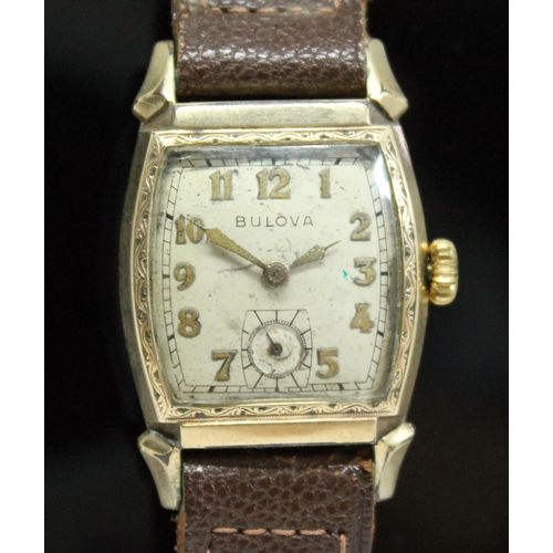 107 - A 1940s Bulova Watch Co Art Deco style gold plated manual wind wristwatch with signed champagne dial... 