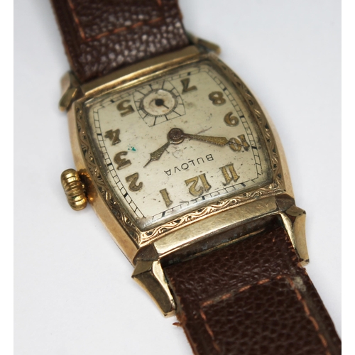 107 - A 1940s Bulova Watch Co Art Deco style gold plated manual wind wristwatch with signed champagne dial... 