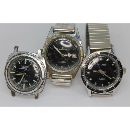 108 - Three vintage chrome plated wristwatches comprising a Waltham Atmospheric 17 jewel manual wind diver... 