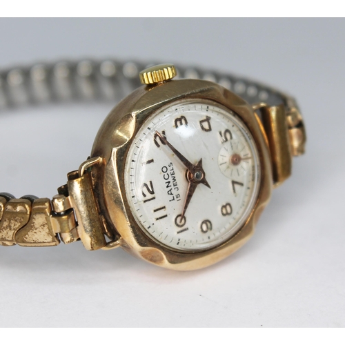 113 - A vintage 9ct gold cased Lanco 15 jewel manual wind ladies wristwatch on gold tone flexi strap, gros... 