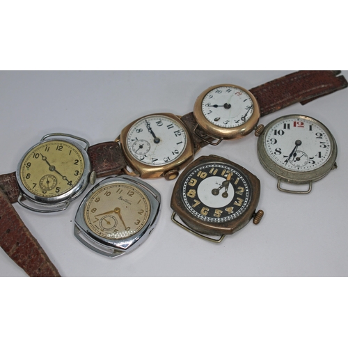 115 - A collection of six early to mid 20th century wristwatches including trench style, gold plated, chro... 