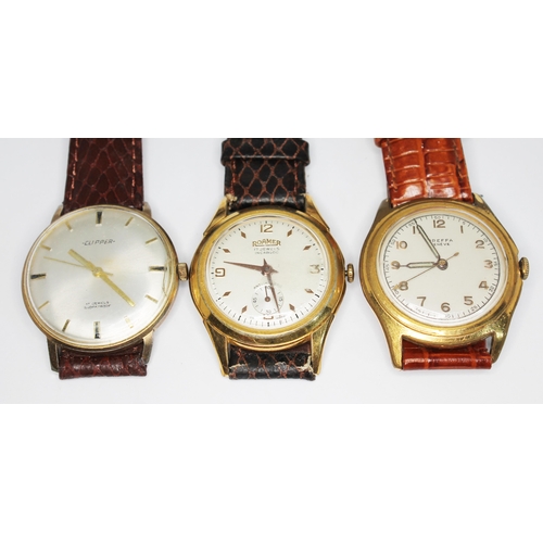 119 - Three vintage gold plated 17 jewel manual wind wristwatches comprising a Roamer, a Dreffa, and a Cli... 