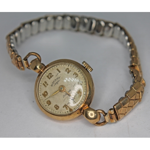 121 - A hallmarked 9ct gold Rotary 17 jewel manual wind ladies wristwatch on rolled gold flexi strap, hall... 