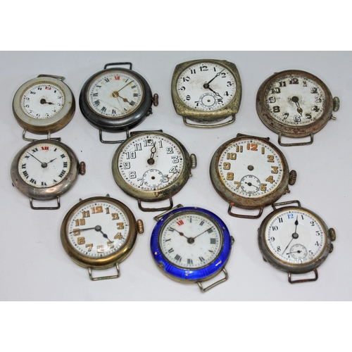 127 - A collection of ten early 20th century trench style wristwatches including one silver cased, nickel ... 