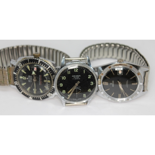 131 - Three vintage chrome plated black dial manual wind mechanical wristwatches comprising a Waldman Subm... 