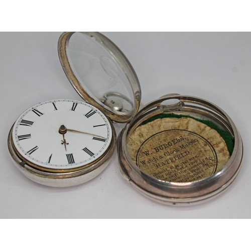 137 - A William IV hallmarked silver pair cased verge pocket watch, having white enamel dial, Roman numera... 