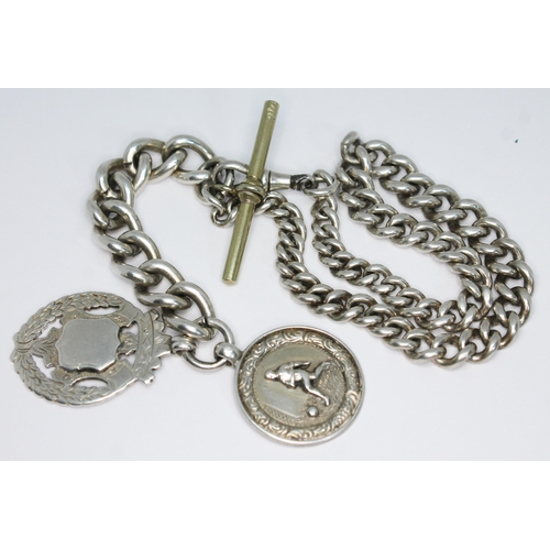 138 - A hallmarked silver Albert watch chain with nickel T-bar, together with two hallmarked silver fob me... 