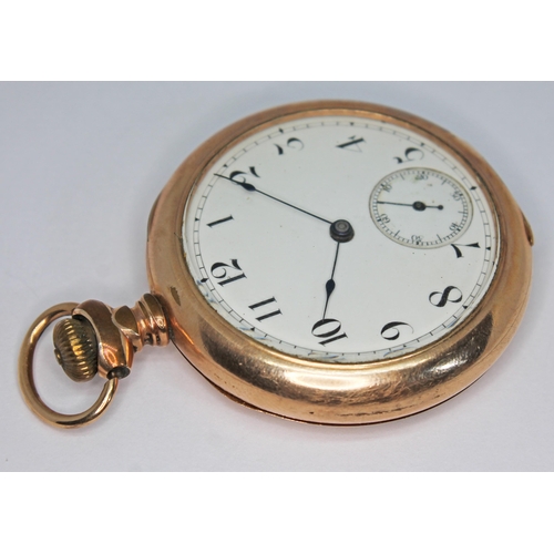 139 - A late 19th century gold plated Waltham open face pocket watch with white enamel dial, Arabic numera... 