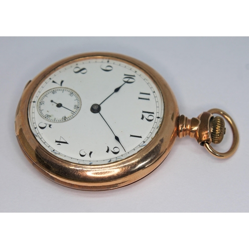 139 - A late 19th century gold plated Waltham open face pocket watch with white enamel dial, Arabic numera... 