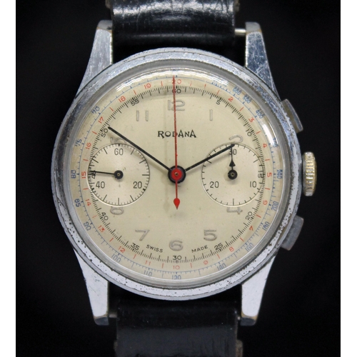 141 - A vintage Rodana chronograph wristwatch with signed champagne dial, Arabic numerals, center sweeping... 