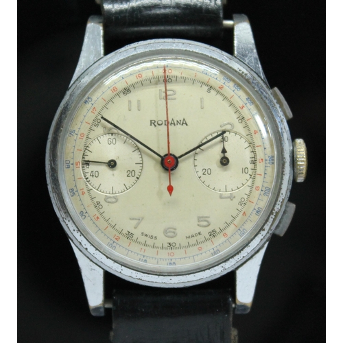 141 - A vintage Rodana chronograph wristwatch with signed champagne dial, Arabic numerals, center sweeping... 