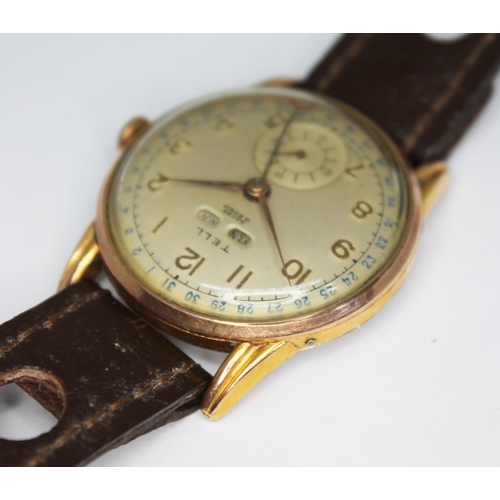 142 - A vintage gold plated Tell perpetual calendar wristwatch with signed champagne dial having Arabic nu... 