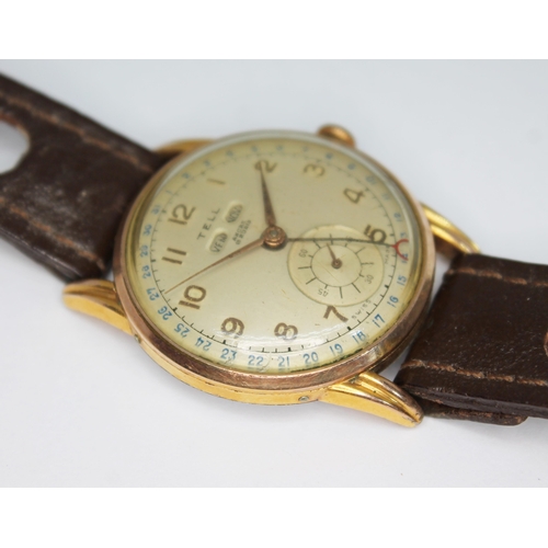 142 - A vintage gold plated Tell perpetual calendar wristwatch with signed champagne dial having Arabic nu... 