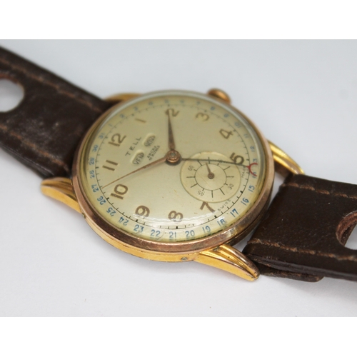 142 - A vintage gold plated Tell perpetual calendar wristwatch with signed champagne dial having Arabic nu... 