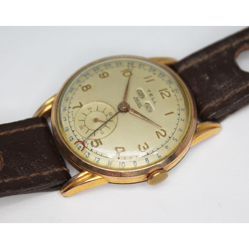 142 - A vintage gold plated Tell perpetual calendar wristwatch with signed champagne dial having Arabic nu... 