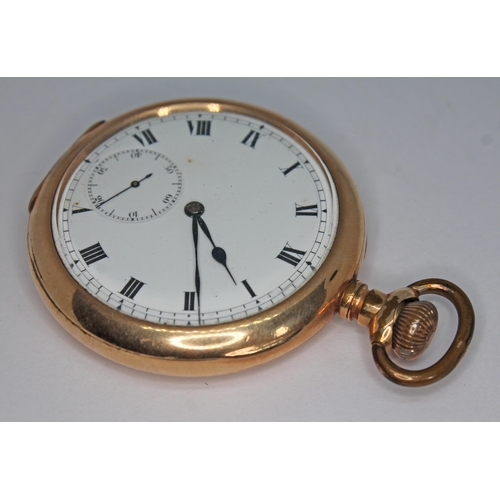 144 - A late 19th/early 20th century gold plated open face pocket watch with white enamel dial having Roma... 