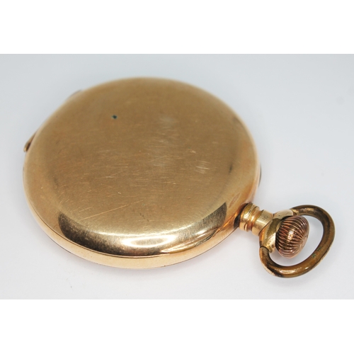 144 - A late 19th/early 20th century gold plated open face pocket watch with white enamel dial having Roma... 